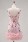 Roze vierkante hals bodycon bloemenpailletten homecoming jurk met ruches