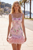 Roze vierkante hals bodycon bloemenpailletten homecoming jurk met ruches