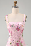 Roze vierkante hals bodycon bloemenpailletten homecoming jurk met ruches