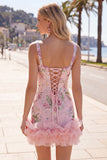Roze vierkante hals bodycon bloemenpailletten homecoming jurk met ruches