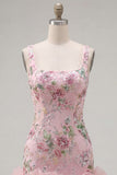 Roze vierkante hals bodycon bloemenpailletten homecoming jurk met ruches