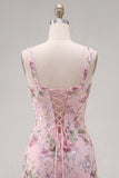 Roze vierkante hals bodycon bloemenpailletten homecoming jurk met ruches