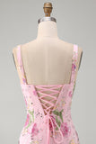 Roze vierkante hals bodycon bloemenpailletten homecoming jurk met ruches