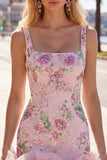 Roze vierkante hals bodycon bloemenpailletten homecoming jurk met ruches