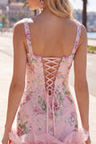 Roze vierkante hals bodycon bloemenpailletten homecoming jurk met ruches