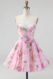 Roze strapless A-lijn pailletten bloemen homecoming jurk met kant op de rug