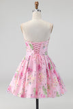 Roze strapless A-lijn pailletten bloemen homecoming jurk met kant op de rug
