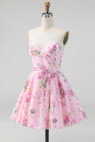 Roze strapless A-lijn pailletten bloemen homecoming jurk met kant op de rug