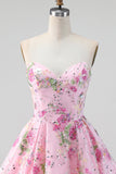Roze strapless A-lijn pailletten bloemen homecoming jurk met kant op de rug