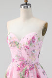 Roze strapless A-lijn pailletten bloemen homecoming jurk met kant op de rug