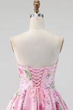 Roze strapless A-lijn pailletten bloemen homecoming jurk met kant op de rug