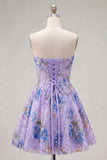 Roze strapless A-lijn pailletten bloemen homecoming jurk met kant op de rug