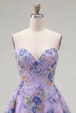 Roze strapless A-lijn pailletten bloemen homecoming jurk met kant op de rug