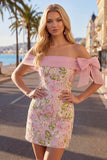 Off-the-shoulder roze bodycon bloemenjurk homecoming met pailletten