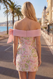Off-the-shoulder roze bodycon bloemenjurk homecoming met pailletten