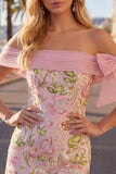 Off-the-shoulder roze bodycon bloemenjurk homecoming met pailletten