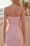 Roze bodycon spaghettibandjes met kralen versierde bloemen homecoming jurk met strik