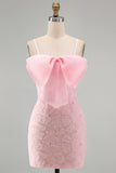 Roze bodycon spaghettibandjes met kralen versierde bloemen homecoming jurk met strik