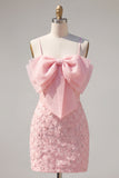 Roze bodycon spaghettibandjes met kralen versierde bloemen homecoming jurk met strik