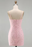 Roze bodycon spaghettibandjes met kralen versierde bloemen homecoming jurk met strik