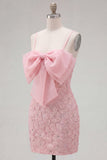 Roze bodycon spaghettibandjes met kralen versierde bloemen homecoming jurk met strik