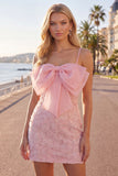 Roze bodycon spaghettibandjes met kralen versierde bloemen homecoming jurk met strik