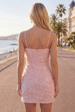 Roze bodycon spaghettibandjes met kralen versierde bloemen homecoming jurk met strik