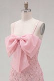 Roze bodycon spaghettibandjes met kralen versierde bloemen homecoming jurk met strik