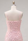 Roze bodycon spaghettibandjes met kralen versierde bloemen homecoming jurk met strik