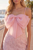 Roze bodycon spaghettibandjes met kralen versierde bloemen homecoming jurk met strik