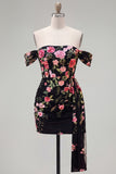 Zwarte off-the-shoulder bodycon bloemenjurk homecoming met sjerp
