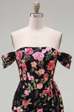 Zwarte off-the-shoulder bodycon bloemenjurk homecoming met sjerp