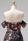 Zwarte off-the-shoulder bodycon bloemenjurk homecoming met sjerp