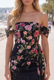 Zwarte off-the-shoulder bodycon bloemenjurk homecoming met sjerp