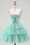 Mint A-lijn sweetheart korset Chiffon Homecoming jurk met laagjes