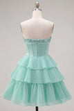 Mint A-lijn sweetheart korset Chiffon Homecoming jurk met laagjes