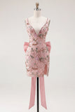 Roze V-hals bodycon bloemenjurk homecoming met split