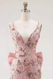Roze V-hals bodycon bloemenjurk homecoming met split
