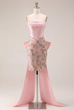 Roze Bodycon Bloemen strapless korset Homecoming Jurk met strik