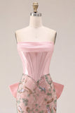 Roze Bodycon Bloemen strapless korset Homecoming Jurk met strik