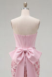 Roze Bodycon Bloemen strapless korset Homecoming Jurk met strik