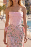 Roze Bodycon Bloemen strapless korset Homecoming Jurk met strik