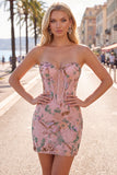 Roze Bodycon Sweetheart Bloemenkorset Homecoming Jurk met kralen