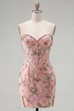 Roze Bodycon Sweetheart Bloemenkorset Homecoming Jurk met kralen