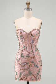 Roze Bodycon Sweetheart Bloemenkorset Homecoming Jurk met kralen