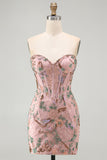 Roze Bodycon Sweetheart Bloemenkorset Homecoming Jurk met kralen
