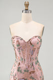 Roze Bodycon Sweetheart Bloemenkorset Homecoming Jurk met kralen
