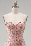 Roze Bodycon Sweetheart Bloemenkorset Homecoming Jurk met kralen