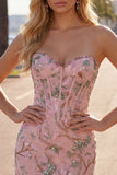 Roze Bodycon Sweetheart Bloemenkorset Homecoming Jurk met kralen