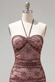 Chocolade Bodycon halter hals met gerimpelde homecoming jurk met kralen
